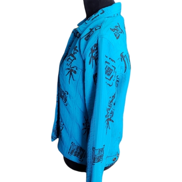 Chico's Blue Asian Symbols Inspired Button Down Jacket Size Medium - Picture 4 of 7